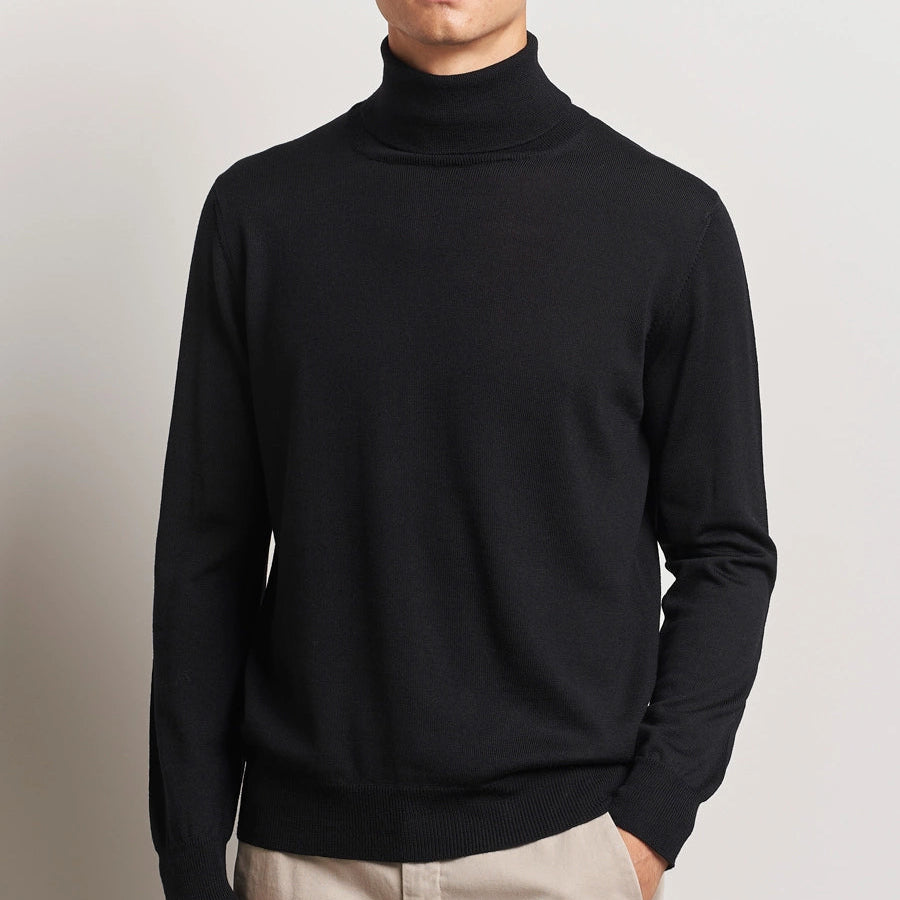 Mens merino wool polo neck in black