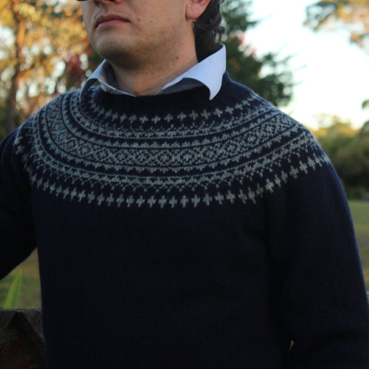 Close up of Men's Fair Isle Jumper in navy and grey