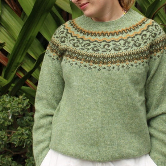 Harley of Scotland wool Fairisle Jumper in Sage green