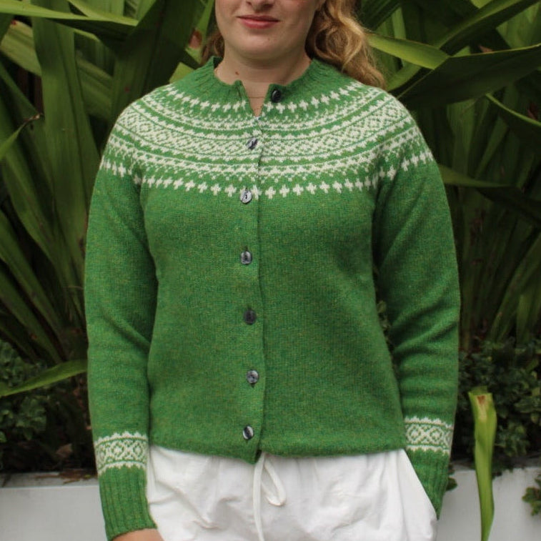 Harley of Scotland two tone wool fairisle cardigan in green