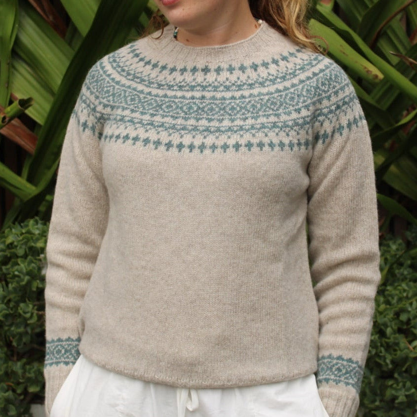 Harley of Scotland Quality women's jumpers in Vellum and Verdigris