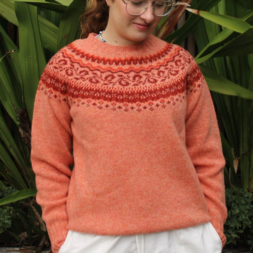  Harley of Scotland fairisle jumper in orange Parfait. Quality woollen knitwear.