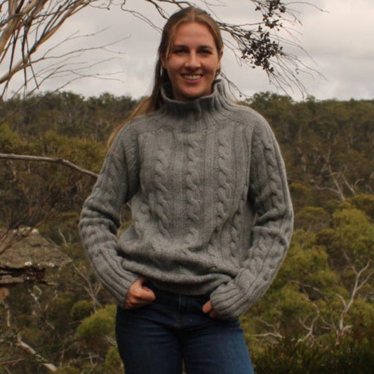 Harley of Scotland Chunky Cable Funnel Neck Jumper in Flannel Grey 100% Merino Wool.