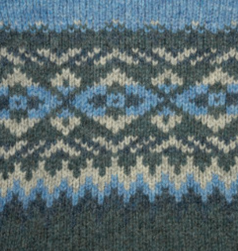 Harley of Scotland's Men's Chunky Fair Isle Sweater, close up of cedar colourway 