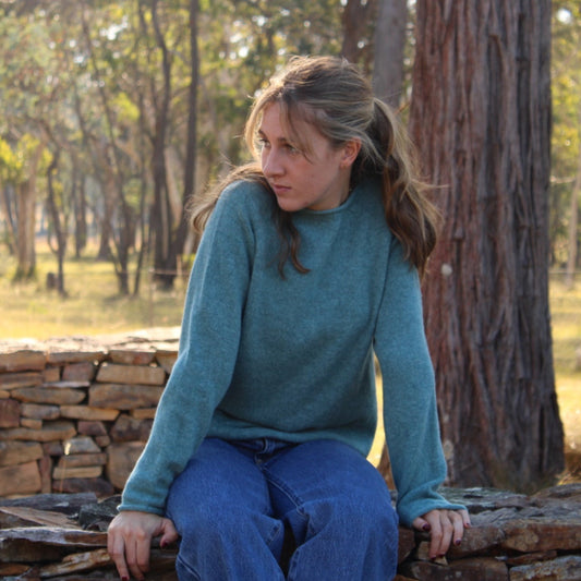 Harley of Scotland's Rolled Edge Geelong Crew Jumper in Oribe green for women