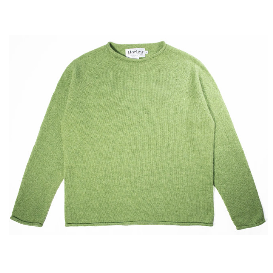 Harley of Scotand Merino Lambswool rolled edge crew in Foliage