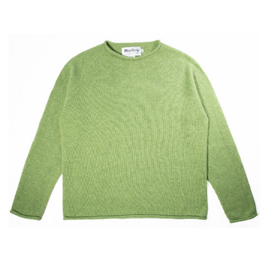 Harley of Scotand Merino Lambswool rolled edge crew in Foliage