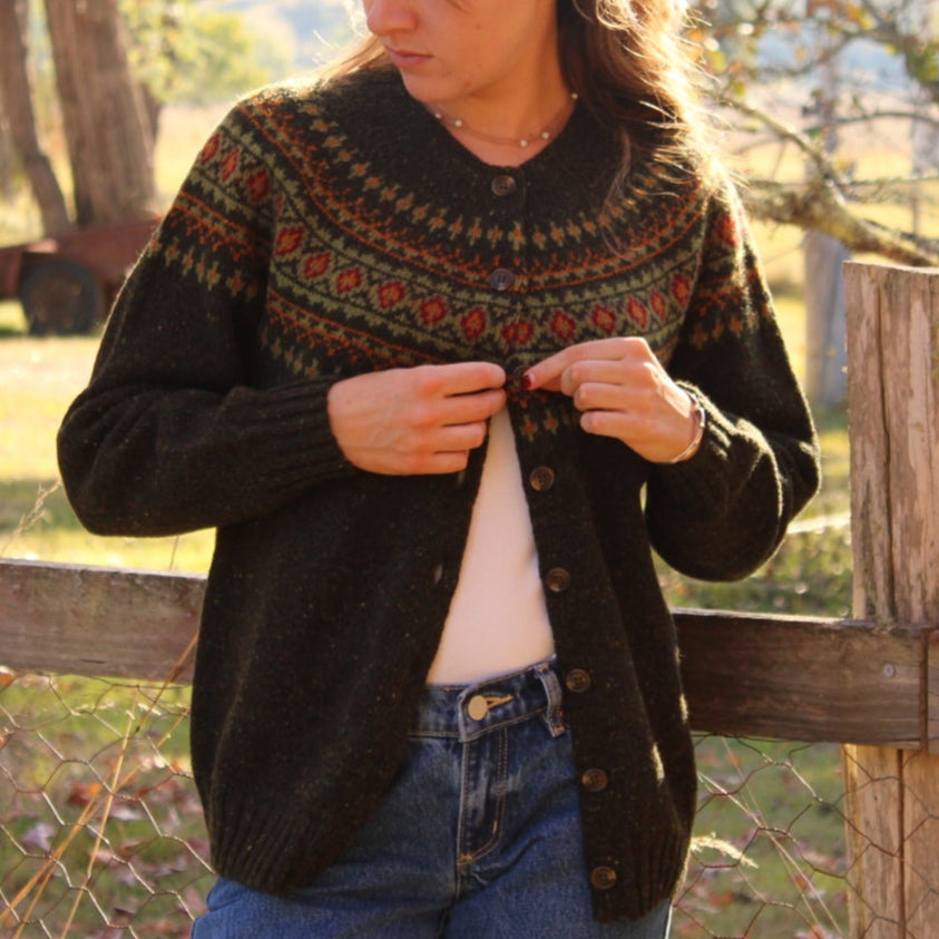 Harley of Scotland fairisle cardigan in green.