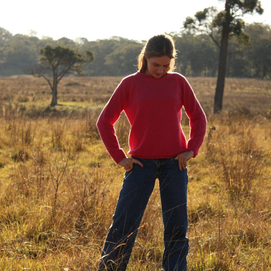 Harley of Scotland's Rolled Edge Geelong wool Jumper for women in pink Cordelia