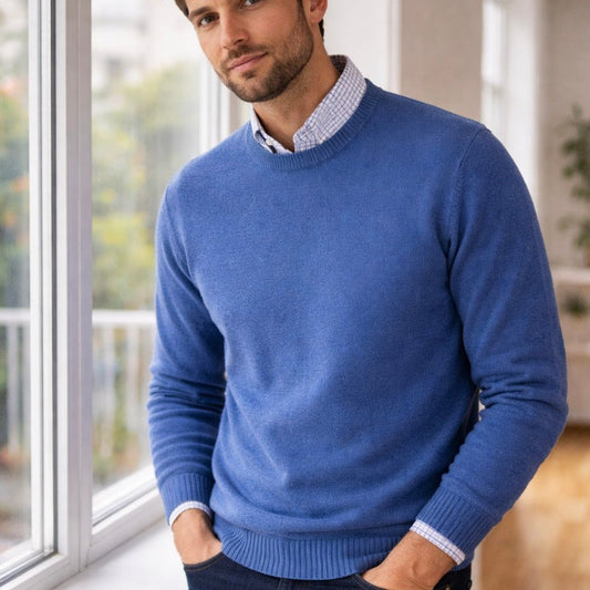 Man wearing a premium quality Harley of Scotland jumper in blue.