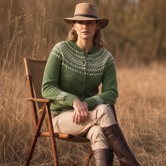 Harley of Scotland woollen jumper two tone quality fairisle cardigan in green
