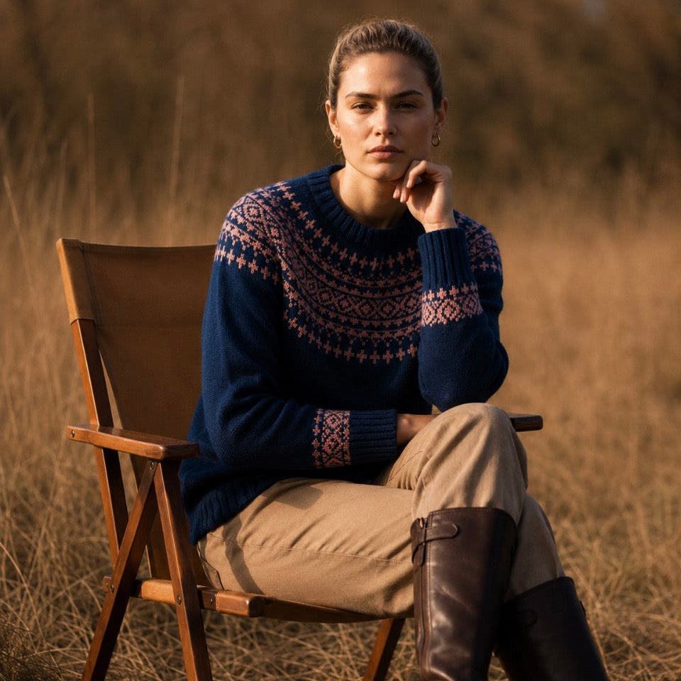 Harley of Scotland Wool fairisle jumper for women in navy
