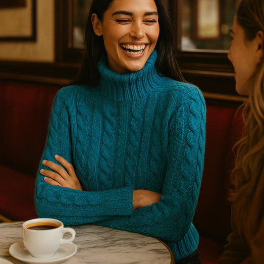 Harley of Scotland - women's cable jumper in turquoise.