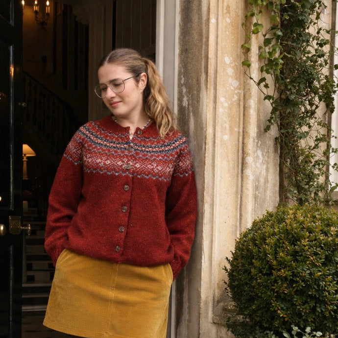 Harley of Scotland chunky nep cardigan in red. Fairisle 