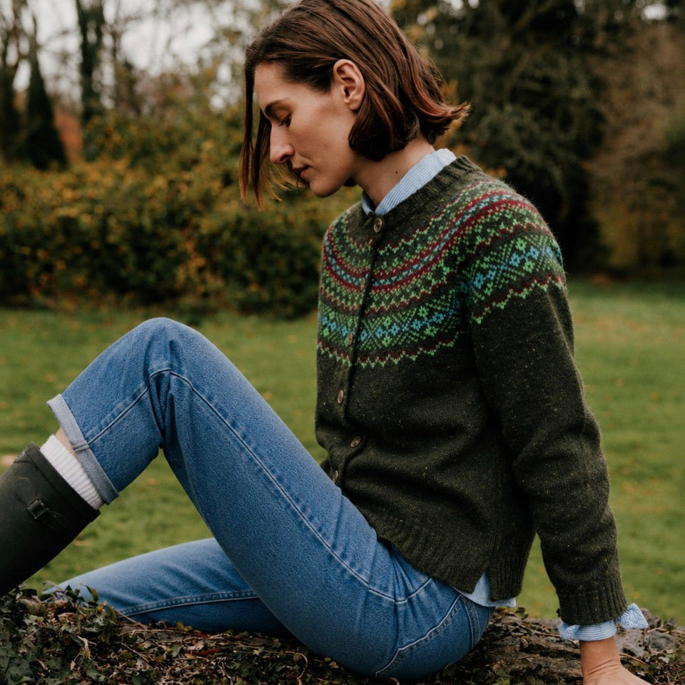 Harley of Scotland Woollen Cardigan in green with Fairisle pattern