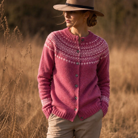 Harley Scotland wool cardiga Fairisle zinnia 