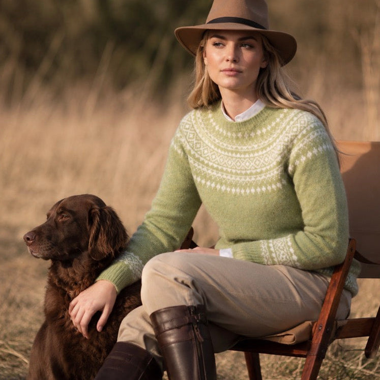 Harley of Scotland Woollen Fairisle Jumper in Green Quality Scottish Knitwear.