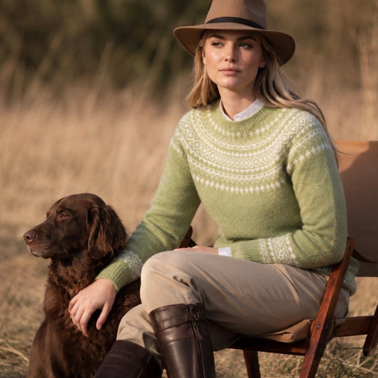 Harley of Scotland Woollen Fairisle Jumper in Green Quality Scottish Knitwear.