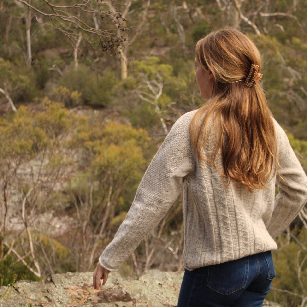 100% wool womens cable jumper in natural. Quality warm knitwear from Harley of Scotland.