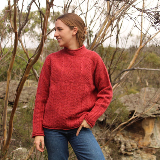 100% wool jumper, quality knitwear for women. Aran tyle tunic from harley of Scotland.