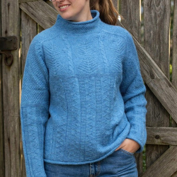 Harley Scotland Aran cable Nep jumper for women in bright blue. 100% wool 