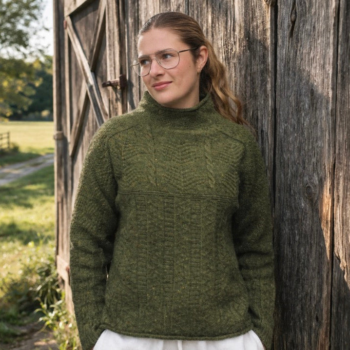 Harley if Scotland jumper for women. Cable nep in olive green 