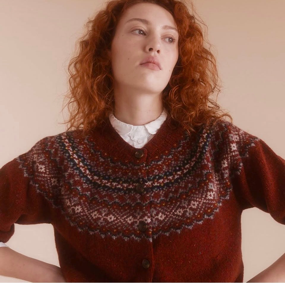 Scottish wool Fairisle cardigan in dark red