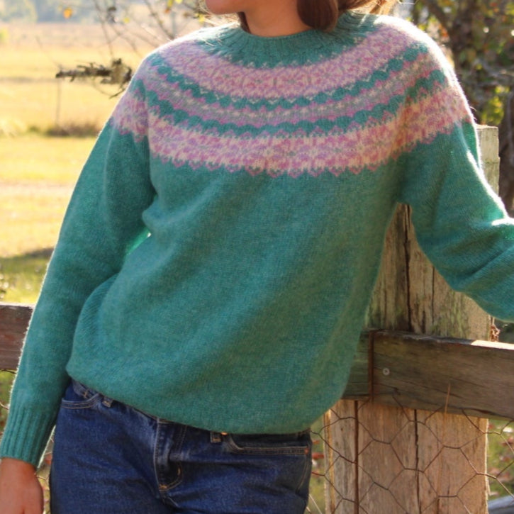 Harley of Scotland's Raglan Fair Isle Crew Jumper in Marble Gemstone for women
