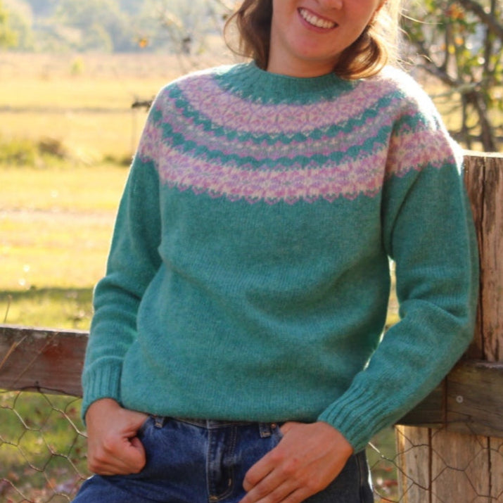 Harley of Scotland's Raglan Fair Isle Crew Jumper in Marble Gemstone