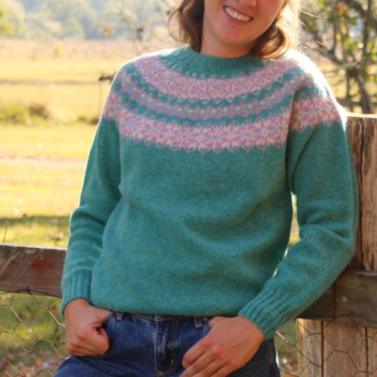 Harley of Scotland's Raglan Fair Isle Crew Jumper in Marble Gemstone