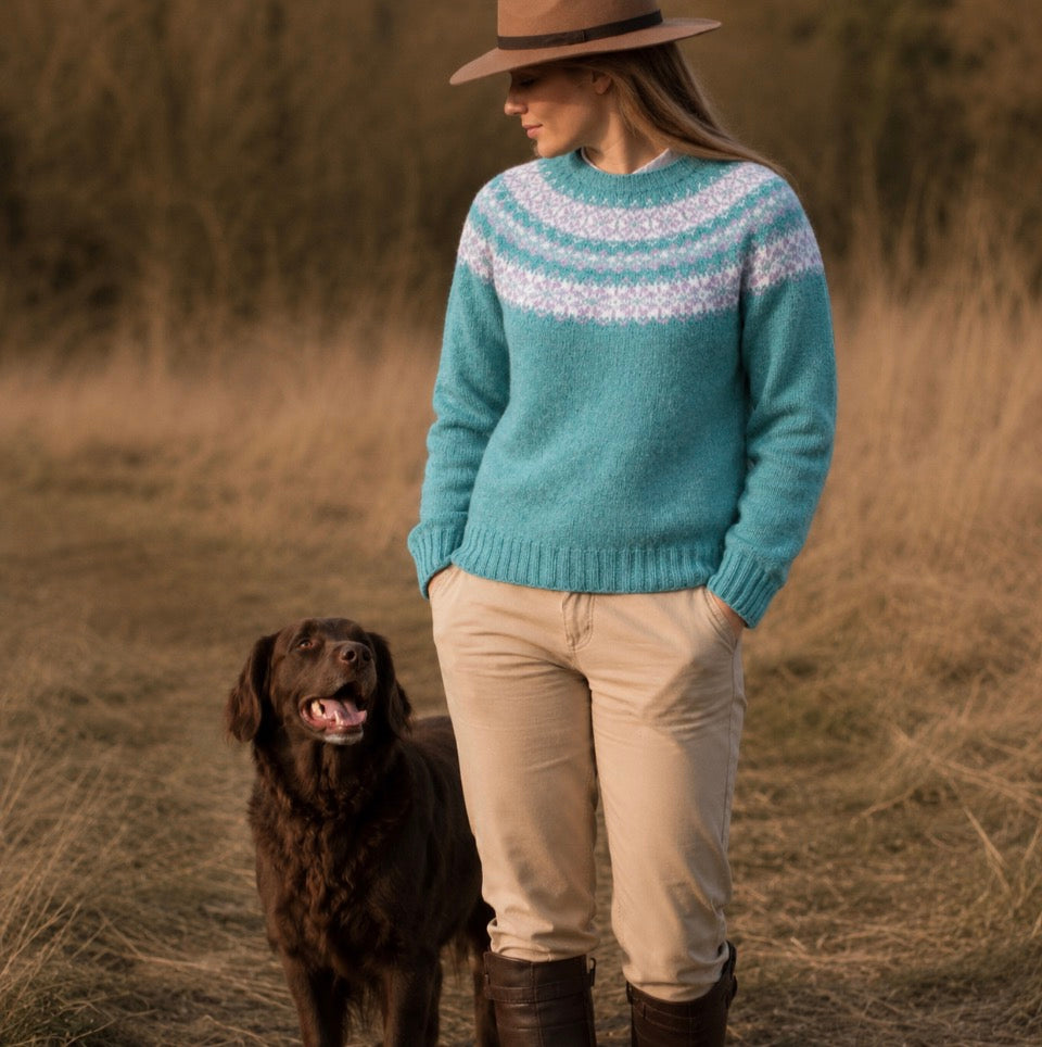 Harley Fairisle jumper in turquoise or aqua. 