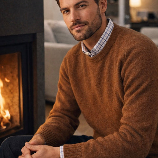 Man wearing a Merino Wool jumper in brown