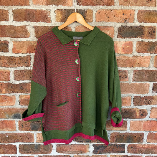 Orkney Hand Knit - Aretha Stripe Jacket - Greengage/Cerise