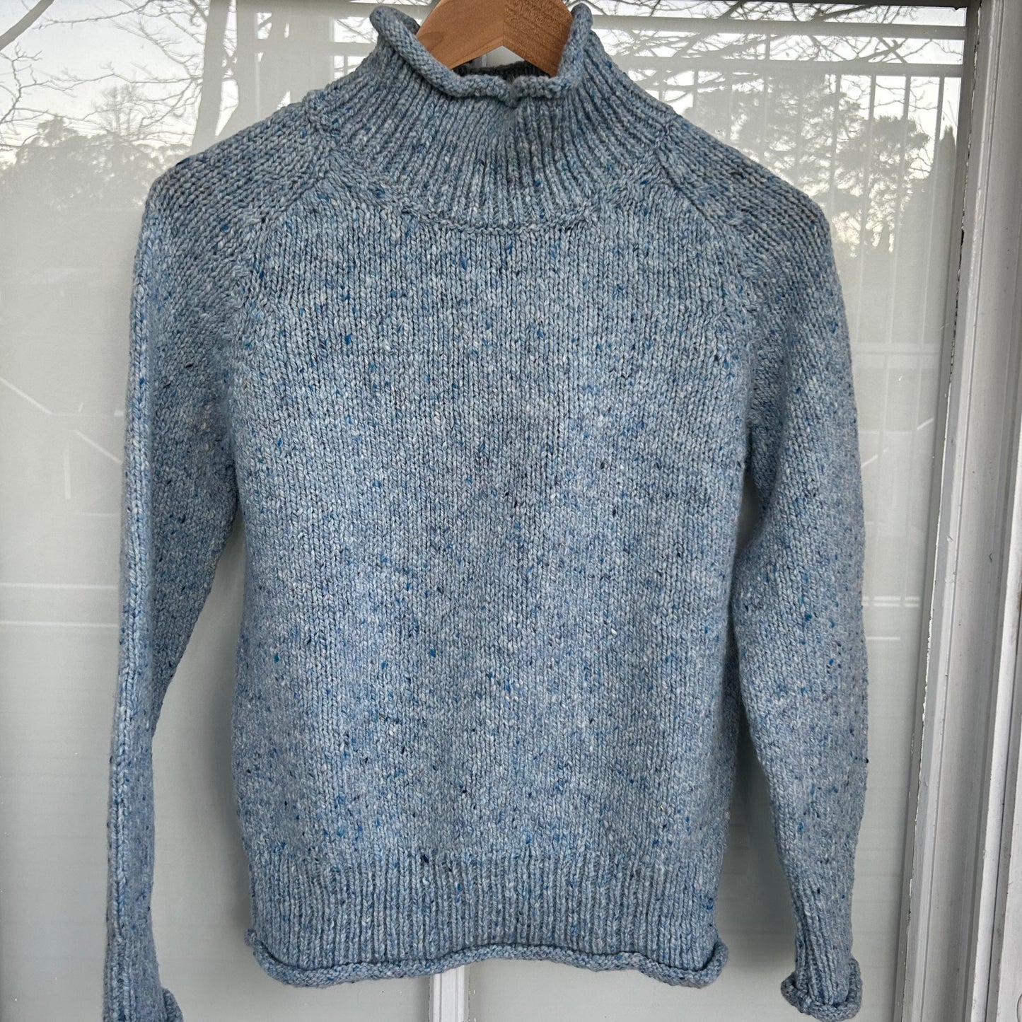 Saddle shoulder women's sweater Fisherman Out of Ireland in Blue Mist.