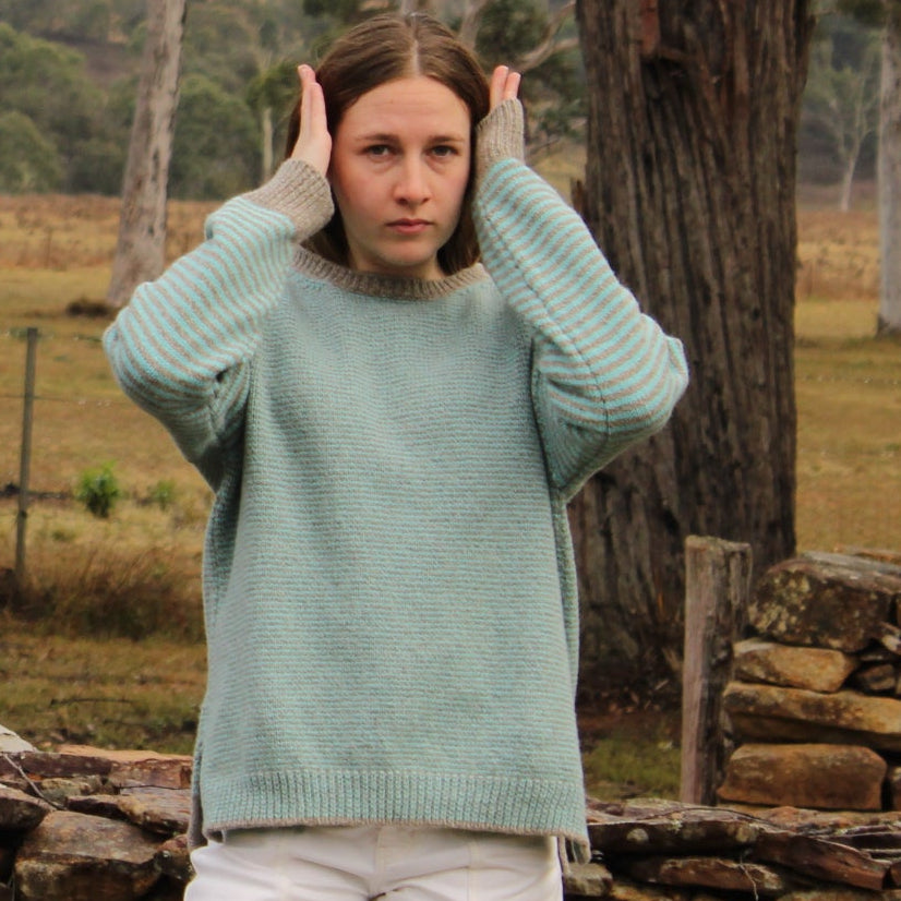 Fisherman Out of Ireland - Crew Jumper - Merino & Cashmere - Mushroom/ Aqua