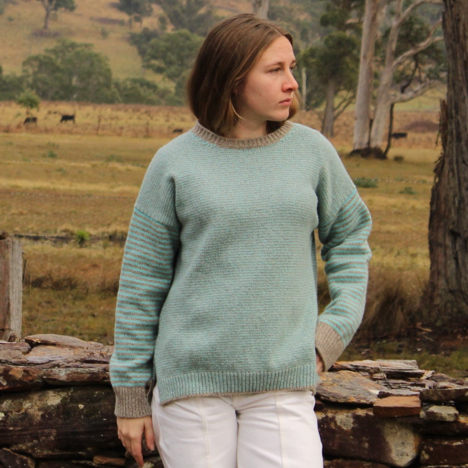 Fisherman Out of Ireland - Crew Jumper - Merino & Cashmere - Mushroom/ Aqua