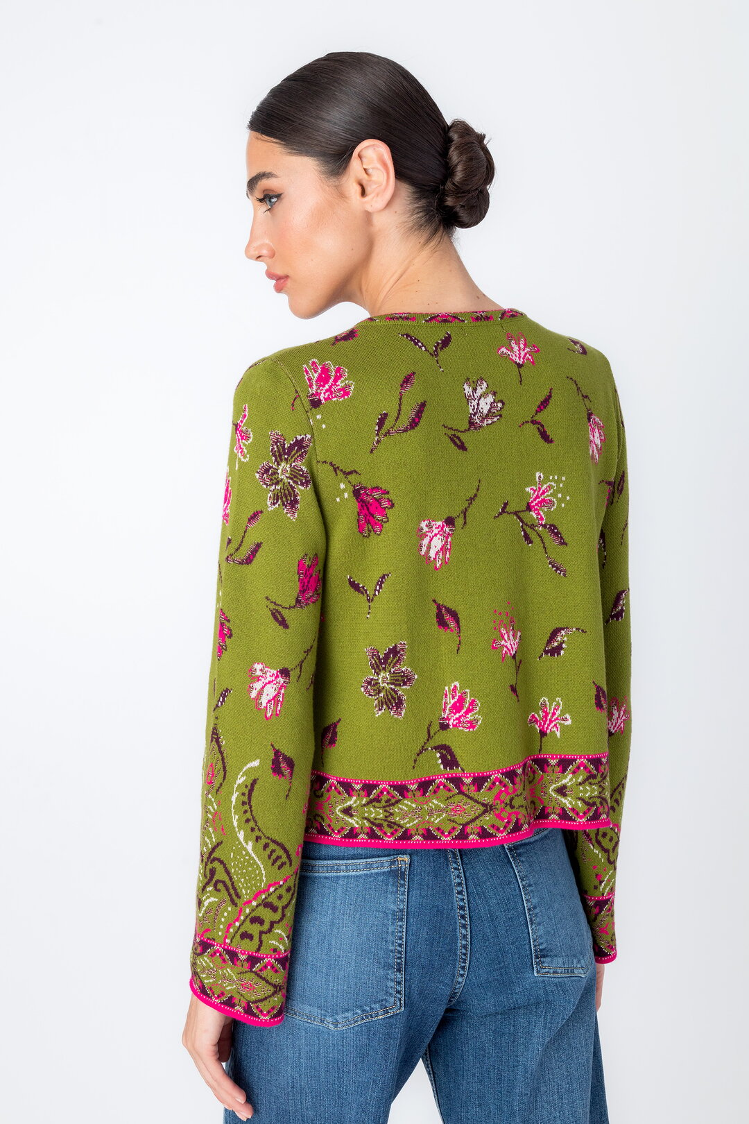 IVKO's latest cardigan with ornament flower pattern in green, back view