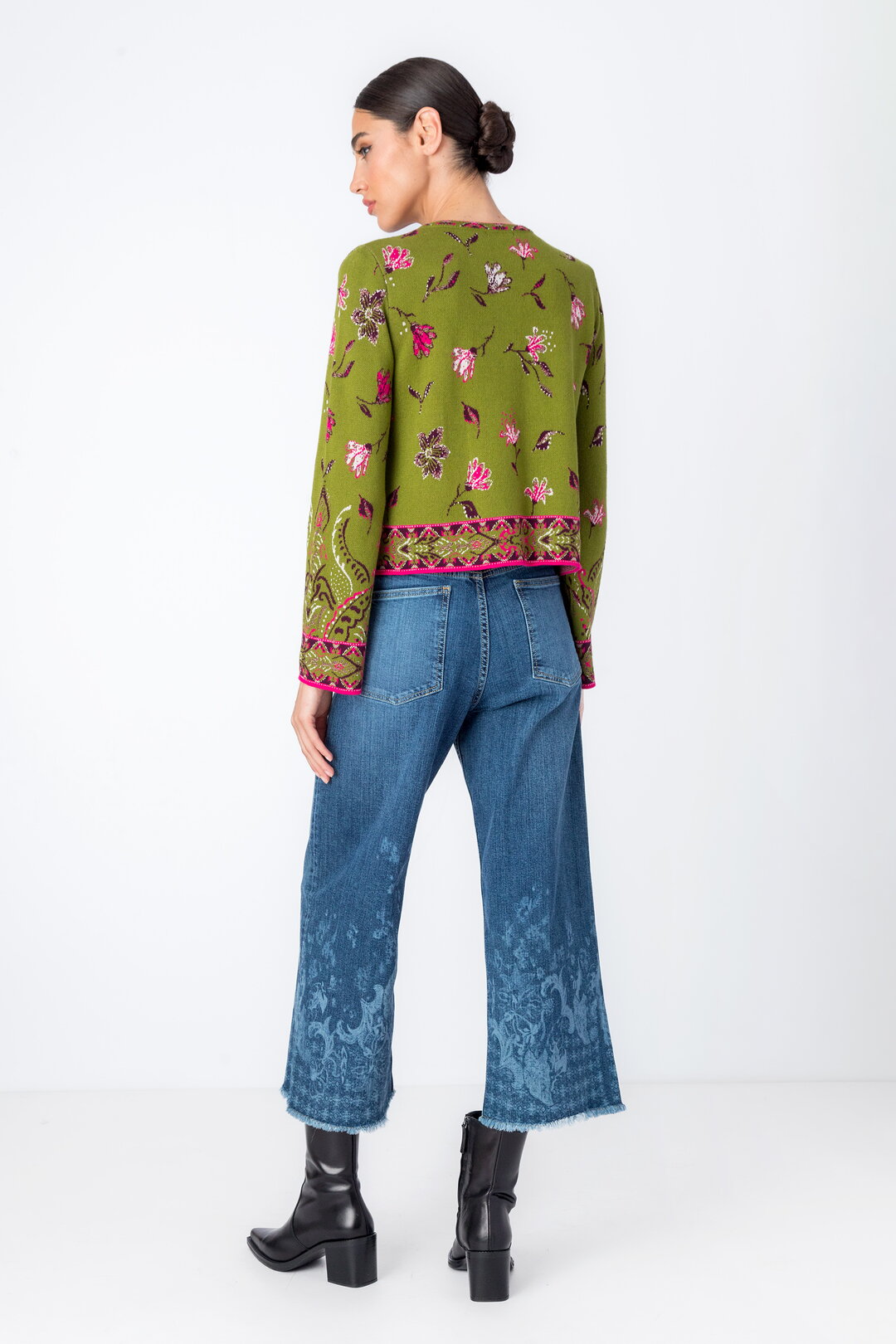 IVKO's latest cardigan with ornament flower pattern in green, back view of women's cardigan