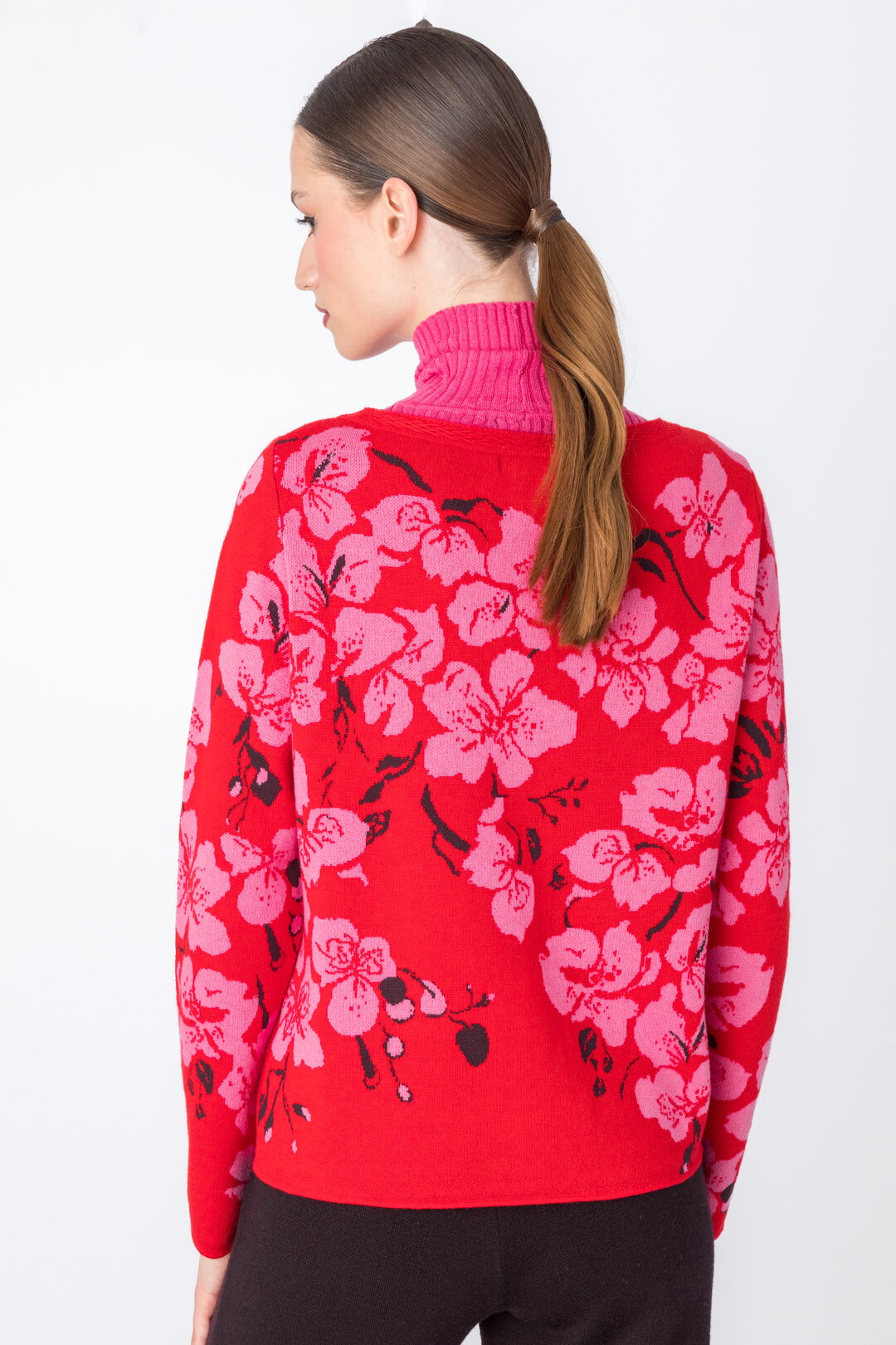 IVKO's round neck women's cardigan, back view of orchid pattern