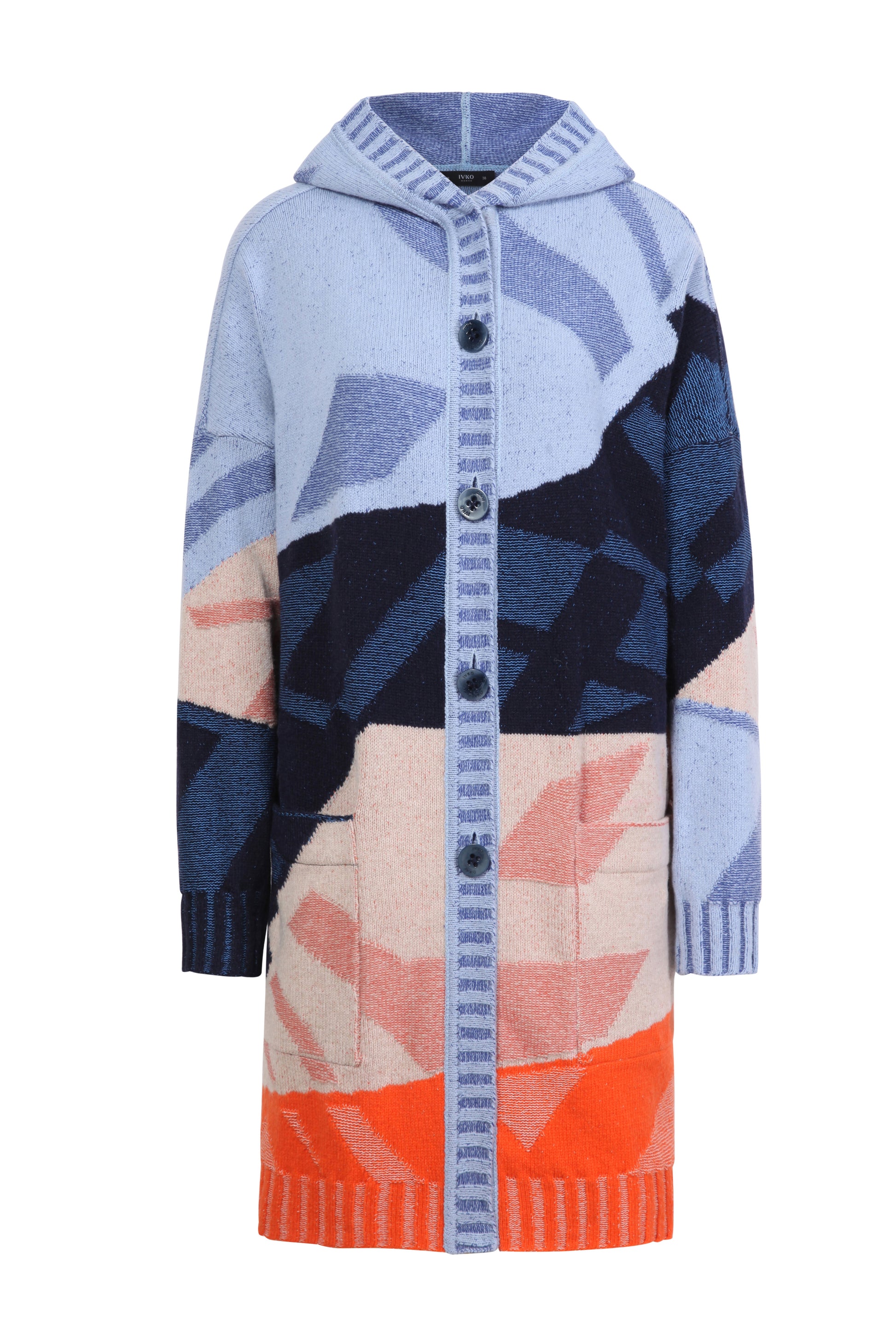 Quality knitwear from IVKO, an intarsia Coatigan - long line cardigan with hood.