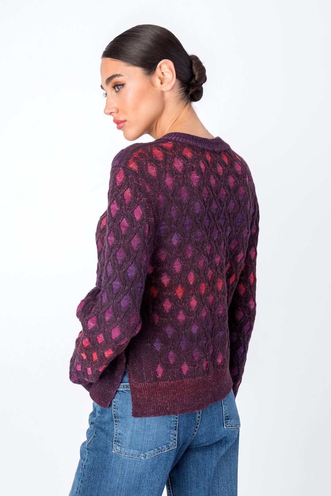 IVKO's newest pullover with structured pattern in brown-red, back view