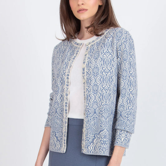 An IVKO o-neck cardigan. Jacquard ornament pattern in Blue stone