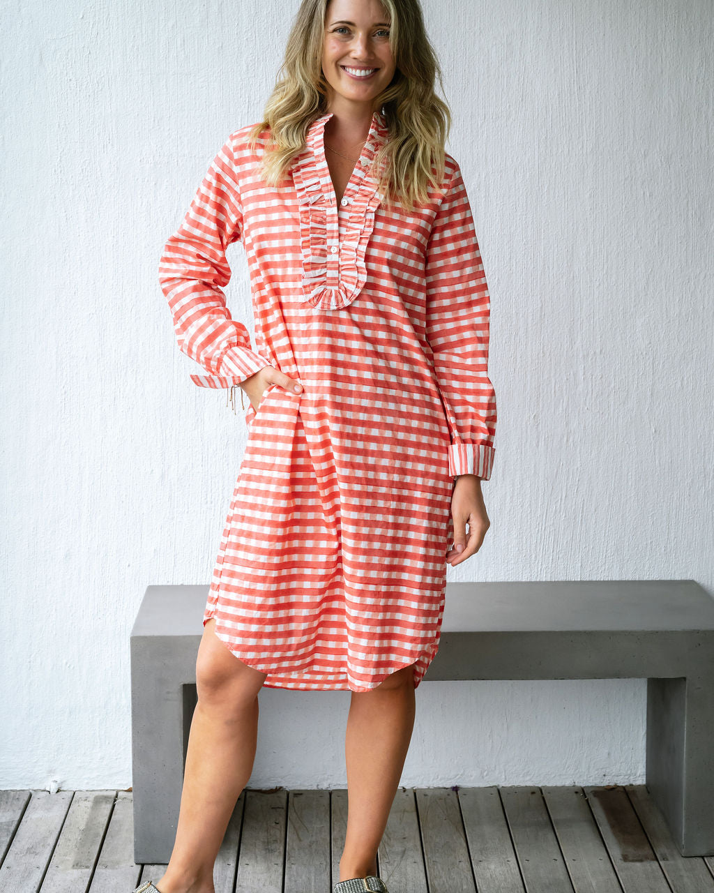 Mandalay Designs - Harry Gingham Shirtdress - Midi - Coral Sugar