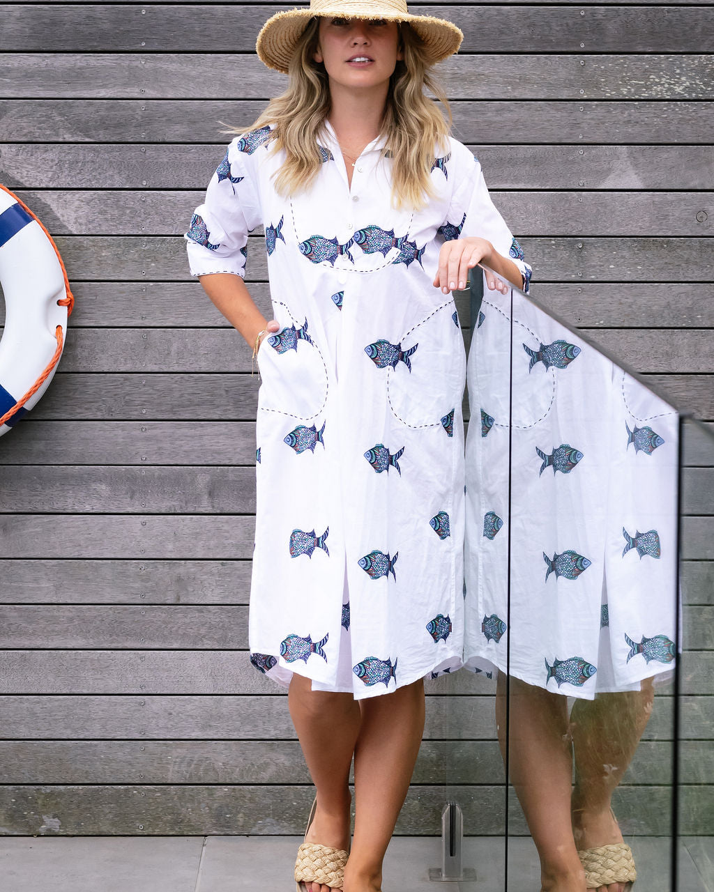 Mandalay Designs - Multi Fish Shirtdress - White Multi