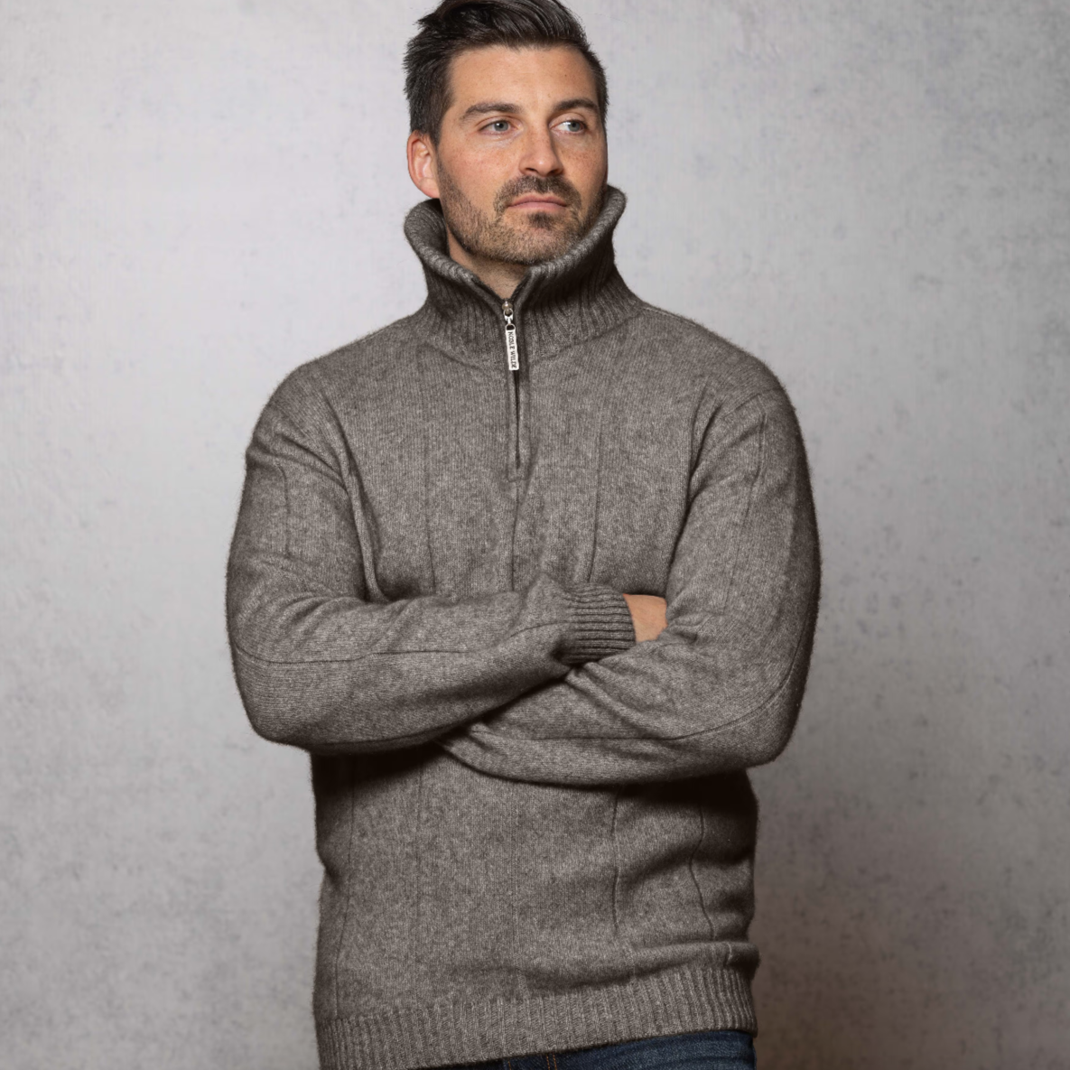 Possum and merino quarter zip men's jumper in pumice