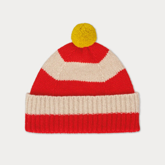Jo Gordon striped Beanie with pompom Poppy and Oatmeal