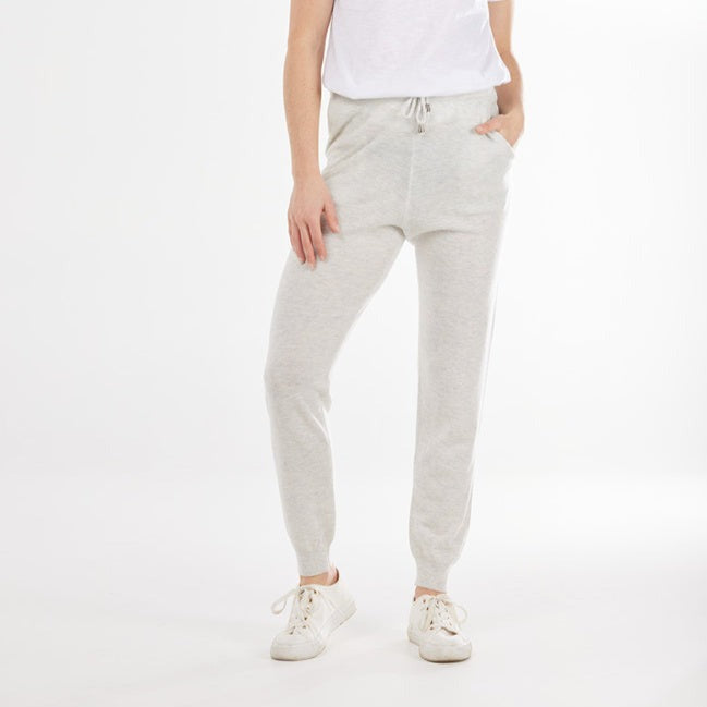 Quality Merino Wool and Cashmere Lounge Pants from Bridge and Lord in light grey.