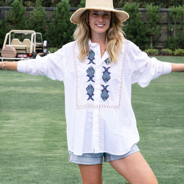 Mandalay Designs white shirt with embroidered fish