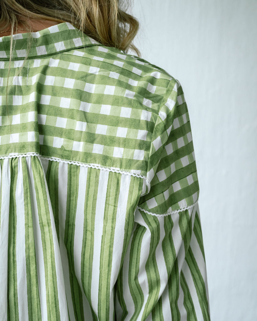 Mandalay Designs Cotton shirt for women back view with gingham yoke