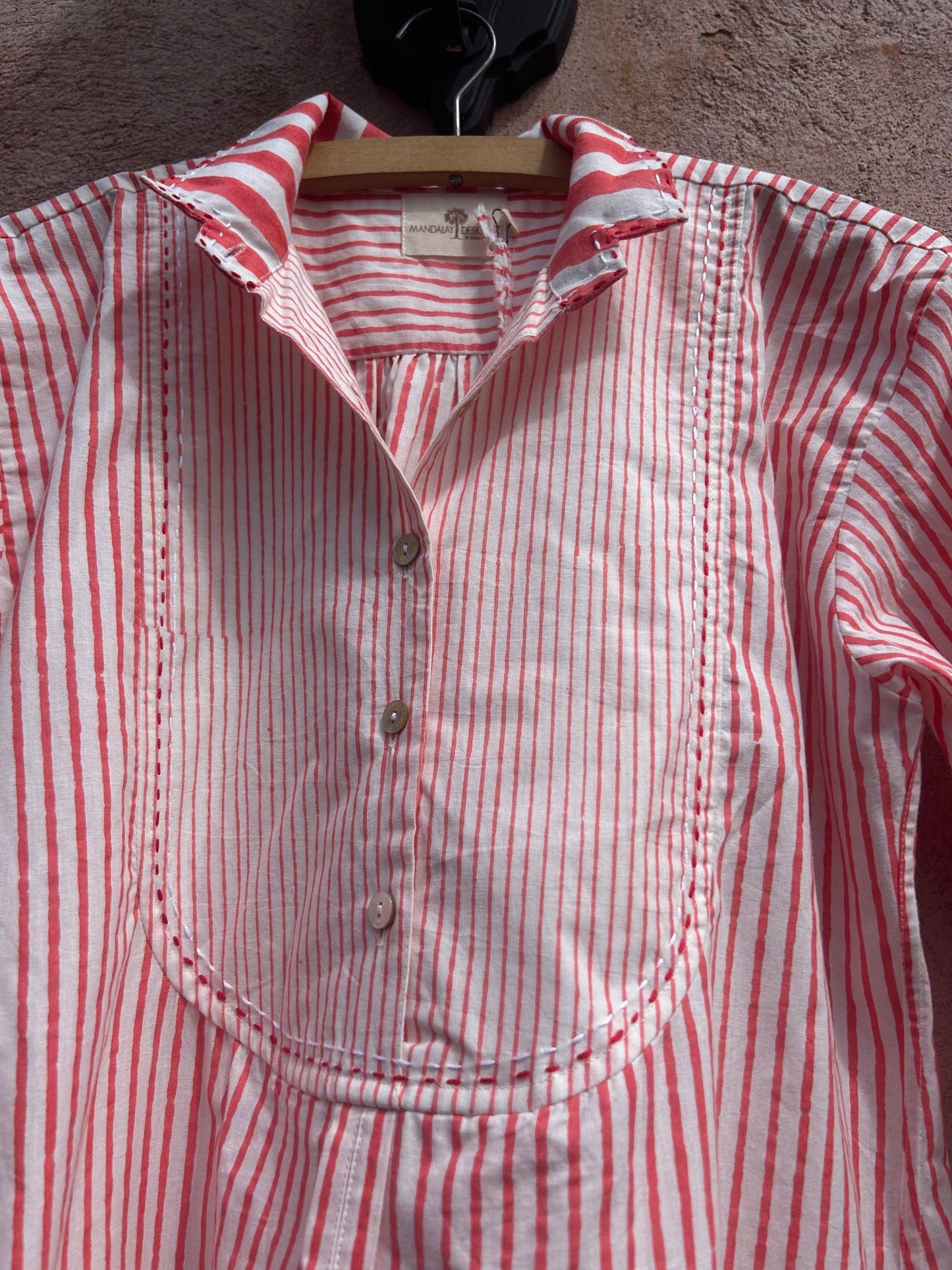 Mandalay designs red stripe shirtdress.